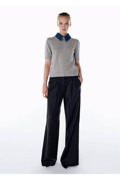 Knitss Denim Collar Detailed Knit Top Light Gray