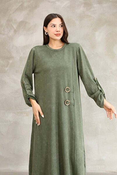 AYASOFYA OTANTIK Women's Khaki Buckle Detailed Long Sleeve Vintage Loose Cotton Knit Dress