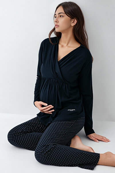 Pierre Cardin Kadın Uzun Kollu Lacivert Puantiye Desenli Hamile & Lohusa Pijama Takımı
