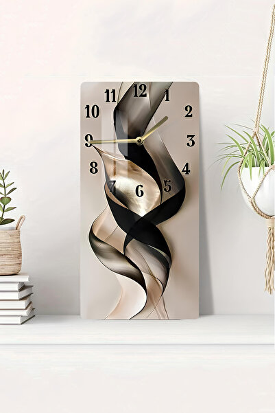 kutuTR Siyah ve Altın Soyut Desenli Temperli Cam Tablo Saat 30×60 cm HD UV Ba...