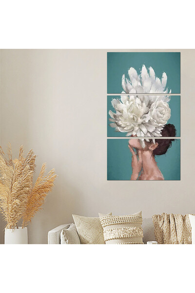 Generic لوحه جداريه - رسمة إمرأه مع ورده بيضاء - 300909- مقسمه ثلاثة قطع