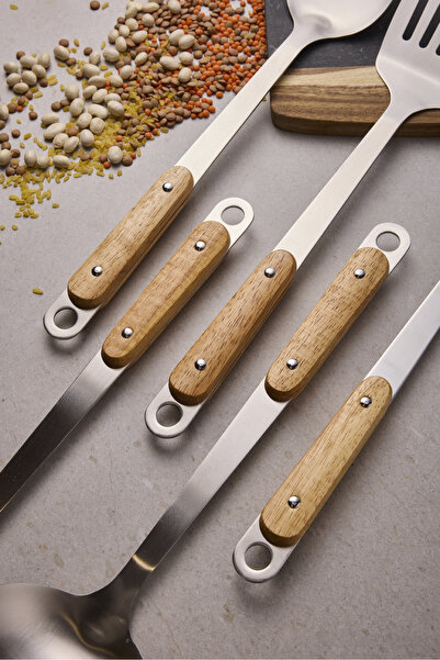 Perotti Gaia Silver Wooden Handle 5 Piece Serving Set 18/10 Stainless Steel