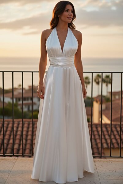 Milon Moda Satin Slit Evening Dress with Drawstring Back