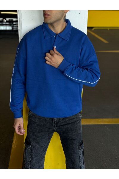 DARK MODA Ανδρικό φούτερ με oversized ρίγες με λαιμόκοψη πόλο με κουμπιά