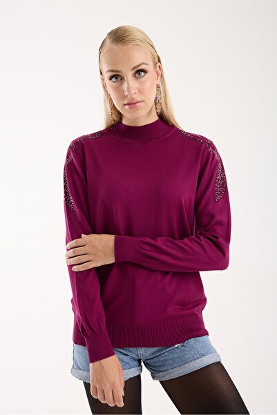 Clothes Fast Women's Plum Elite Viscose Fabric Stone Detailed Shoulders Half Turtleneck Knitwear Blouse