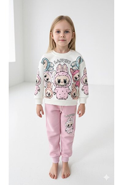 Paty Kids Kız Çocuk Labubu Baskılı Sweatshirt Ve Eşofman Altı Takımı - Pembe / Beyaz