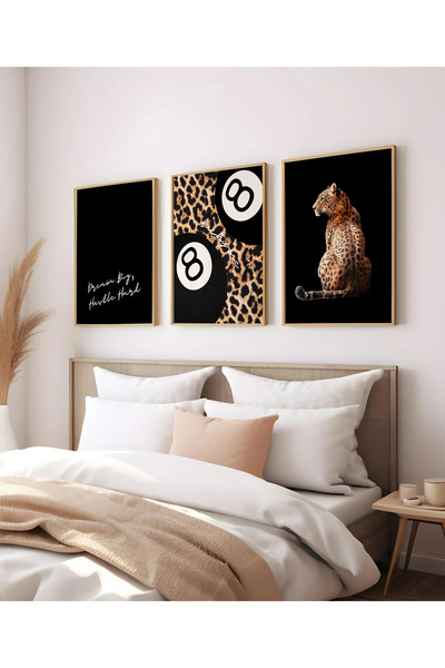 512 STORE Estetik Black Leopar Series 3'lü ÇERÇEVESİZ Duvar Dekor Tasarım Sal...