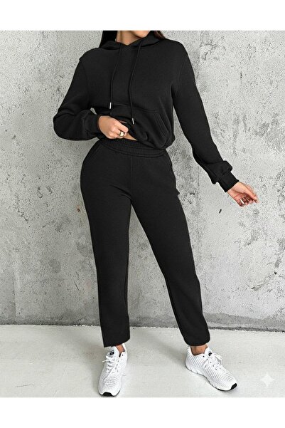 goopall Eyesof Women's Long Sleeve Hooded Lace-Up Three Thread Blouse and Pants Two-Piece Suit
