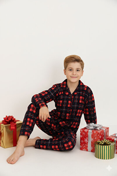Free Beka Red Plaid Pattern Long Sleeve Shirt Collar Buttoned Boys Pajama Set