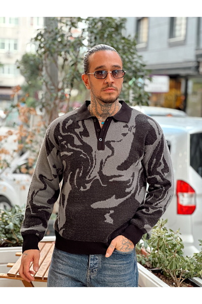 manch collection Φούτερ με μικτά σχέδια πλεκτά με λαιμόκοψη πόλο μαύρο