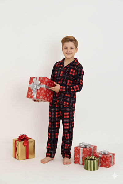 Free Beka Red Plaid Pattern Long Sleeve Shirt Collar Buttoned Boys Pajama Set