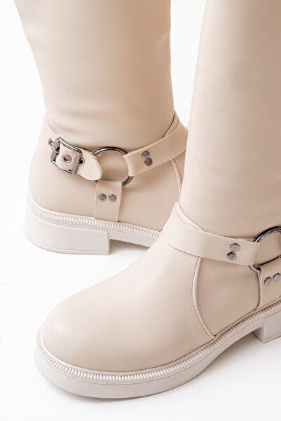 Rainon Store Stylish & Practical: Beige Buckle Detailed Zippered Casual Boots
