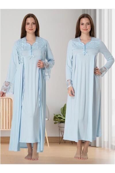 Lohussa Women's Blue Lace Detailed Full Length Winter Long Sleeve Design Maternity Dressing Gown Nightgown Set