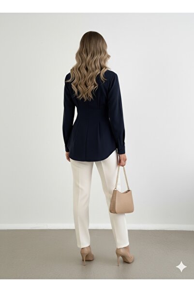 Blue Morpho Waist-Tightened Pleated Tunic Shirt