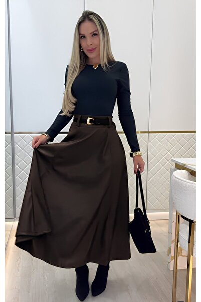 buğrahayalin Women's High Waisted Maxi Leather Beltless Skirt