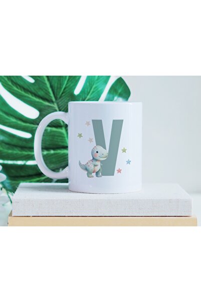 Beramussa Letter V Cute Dinosaur Mug - Dino Design with Light Green Star Detail - Gift