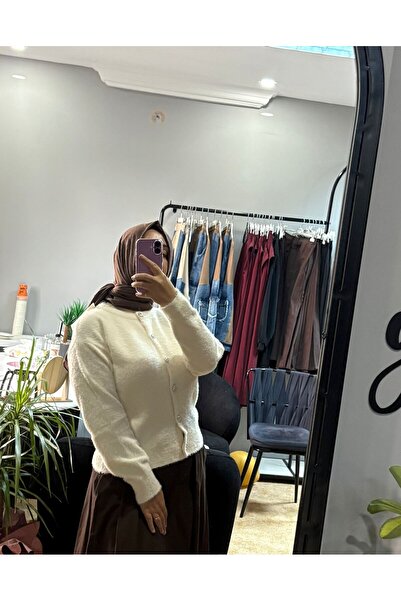 MY CİTY YASEMEN Kadın Angora Kumaş Hırka - Ekru