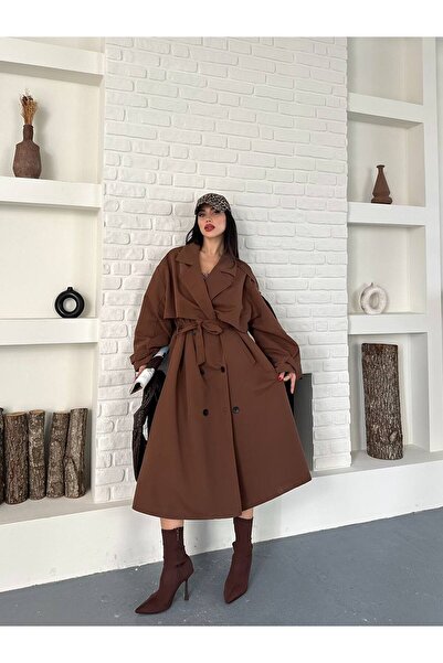 FAMODA Kadın Taba Uzun Trençkot Cepli Kuşaklı Rüzgar Kapaklı Yeni Sezon Dış Giyim