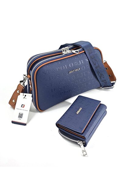 Just Polo Set of 2 Justpolo Women's Navy Blue 5 Compartment Bag Wallet Set