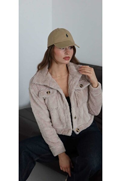 Azra Moda Style Trend Welsoft Kumaş Crop Cepli Düğmeli Peluş Ceket Kadın