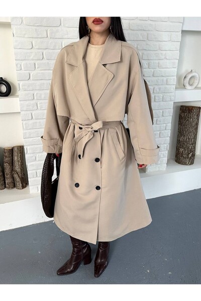 FAMODA Kadın Krem Uzun Trençkot Cepli Kuşaklı Rüzgar Kapaklı Yeni Sezon Dış Giyim