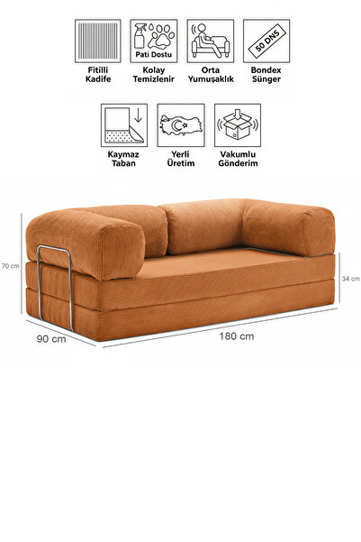 Evessan 90x180 Kanepe - Fitilli Kadife Yıkanır Silinir Pratik Yer Yatağı 50 D...