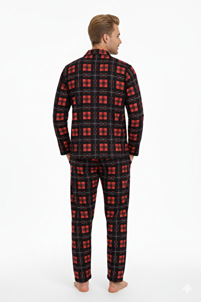 Free Beka Red Plaid Pattern Long Sleeve Shirt Collar Buttoned Men's Pajama Set
