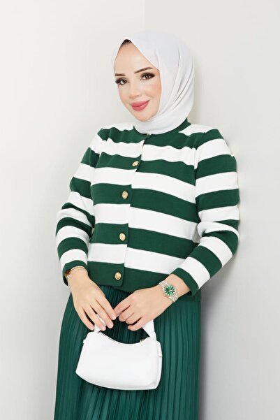 Miraydın Butik Women's Button Detailed Striped Skirt Top Knitwear Cardigan Green Hijab