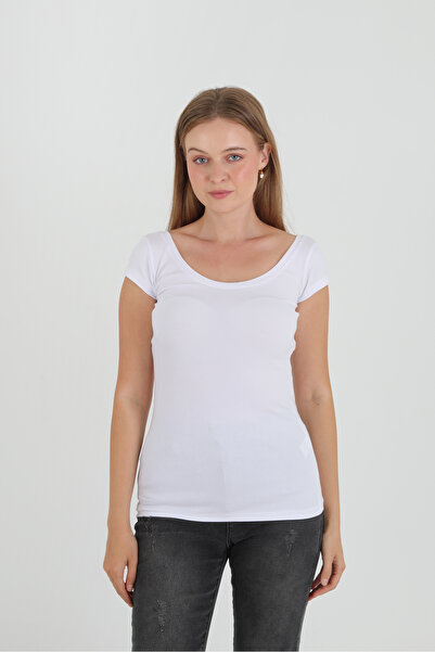 GIANT BASIC Kayık Yaka Kısa Kollu Omzu Açık Beyaz Bluz/body/T-shirt