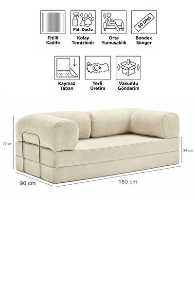 Evessan 90x180 Kanepe - Fitilli Kadife Yıkanır Silinir Pratik Yer Yatağı 50 D...