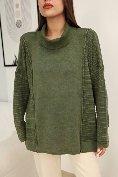 AYASOFYA OTANTIK Women's Khaki Turtleneck Vintage Detailed Loose Oversize Cotton Knit Blouse Sweater