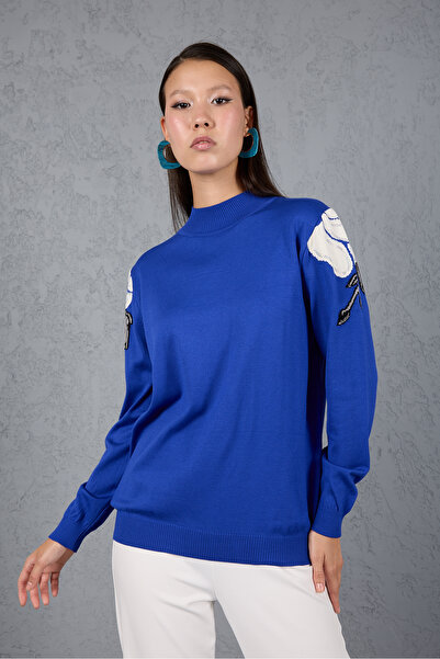 Clothes Fast Women's Saks Blue Elite Viscose Fabric Stone Detailed Shoulders Half Turtleneck Knitwear Blouse