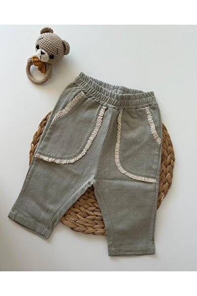Luna Kids Store Green Linen Trousers with Embroidery Detail