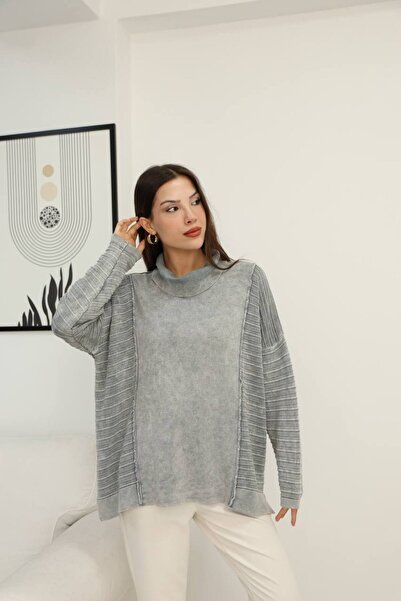 AYASOFYA OTANTIK Women's Gei Turtleneck Vintage Detailed Loose Oversize Cotton Knitwear Blouse Sweater