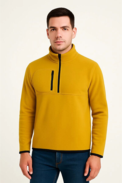 JANES Men's Fleece Sweater – Stand Collar, Half Zipper, Zippered Chest Pocket, Black Trim, Winter Comfortable