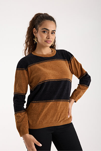 Moda Days Women's Tan-Black Two-Tone Cross Contrast Stitch Detail Chenille Velvet Knitwear Blouse