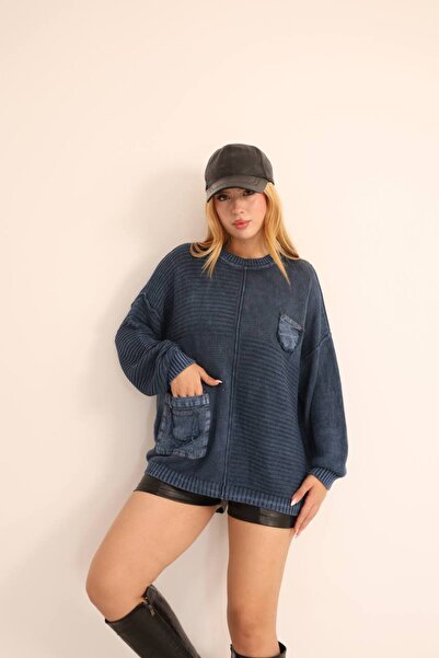 AYASOFYA OTANTIK Women's Navy Blue Oversized Casual Cotton Knit Sweater Blous...