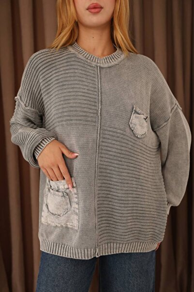 AYASOFYA OTANTIK Women's Gray Bag Pocket Detailed Oversize Loose Cotton Knit Sweater Blouse