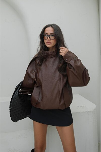 Havoş Hnědá bunda z umělé kůže s vysokým límcem