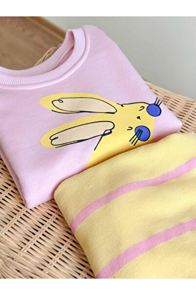 Pinkitokids Bunny Pink Sweatshirt and Striped Woven Pants Set