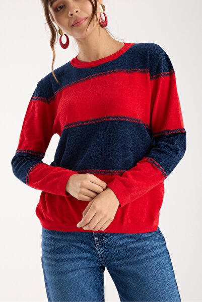 Clothes Fast Women's Red-Navy Two-Tone Cross Contrast Stitch Detail Chenille Velvet Knitwear Blouse