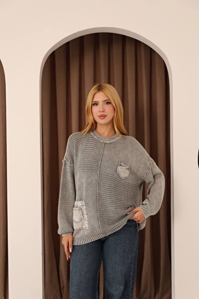 AYASOFYA OTANTIK Women's Gray Bag Pocket Detailed Oversize Loose Cotton Knit Sweater Blouse