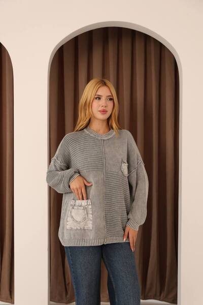 AYASOFYA OTANTIK Women's Gray Bag Pocket Detailed Oversize Loose Cotton Knit Sweater Blouse