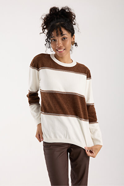 Moda Days Women's White-Brown Two-Tone Cross Contrast Stitching Detail Chenille Velvet Knitwear Blouse