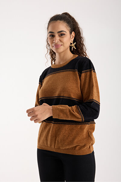 Moda Days Women's Tan-Black Two-Tone Cross Contrast Stitch Detail Chenille Velvet Knitwear Blouse