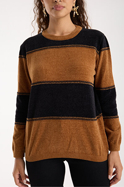 Moda Days Women's Tan-Black Two-Tone Cross Contrast Stitch Detail Chenille Velvet Knitwear Blouse