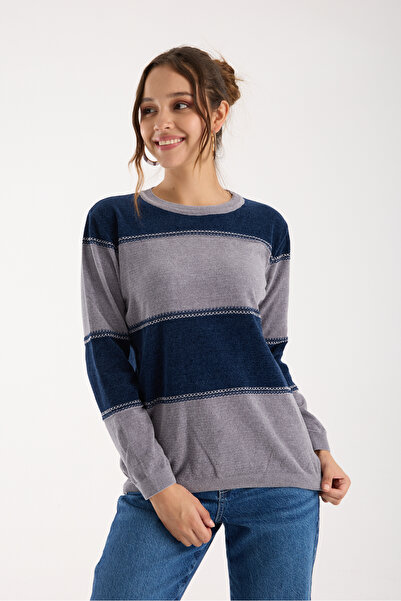 Moda Days Women's Gray-Navy Two-Tone Cross Contrast Stitch Detail Chenille Velvet Knitwear Blouse