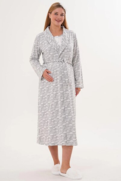 BLACKMORE Women's Gray Ribbed Winter Cotton Maternity Nightgown-Robe Set of 2