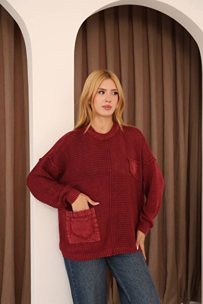 AYASOFYA OTANTIK Women's Burgundy Oversized Casual Cotton Knit Sweater Blouse with Pocket and Vintage Detail
