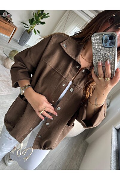 BE CHİC Дамска риза с обръщаем яка, ръкави Truvakar, копчета, джобове, набрани детайли, широка габардинена риза MD5000